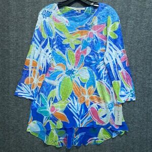 NEW Jess & Jane Floral Tunic Top Womens M Blue Rhinestone Artsy Beach Coastal